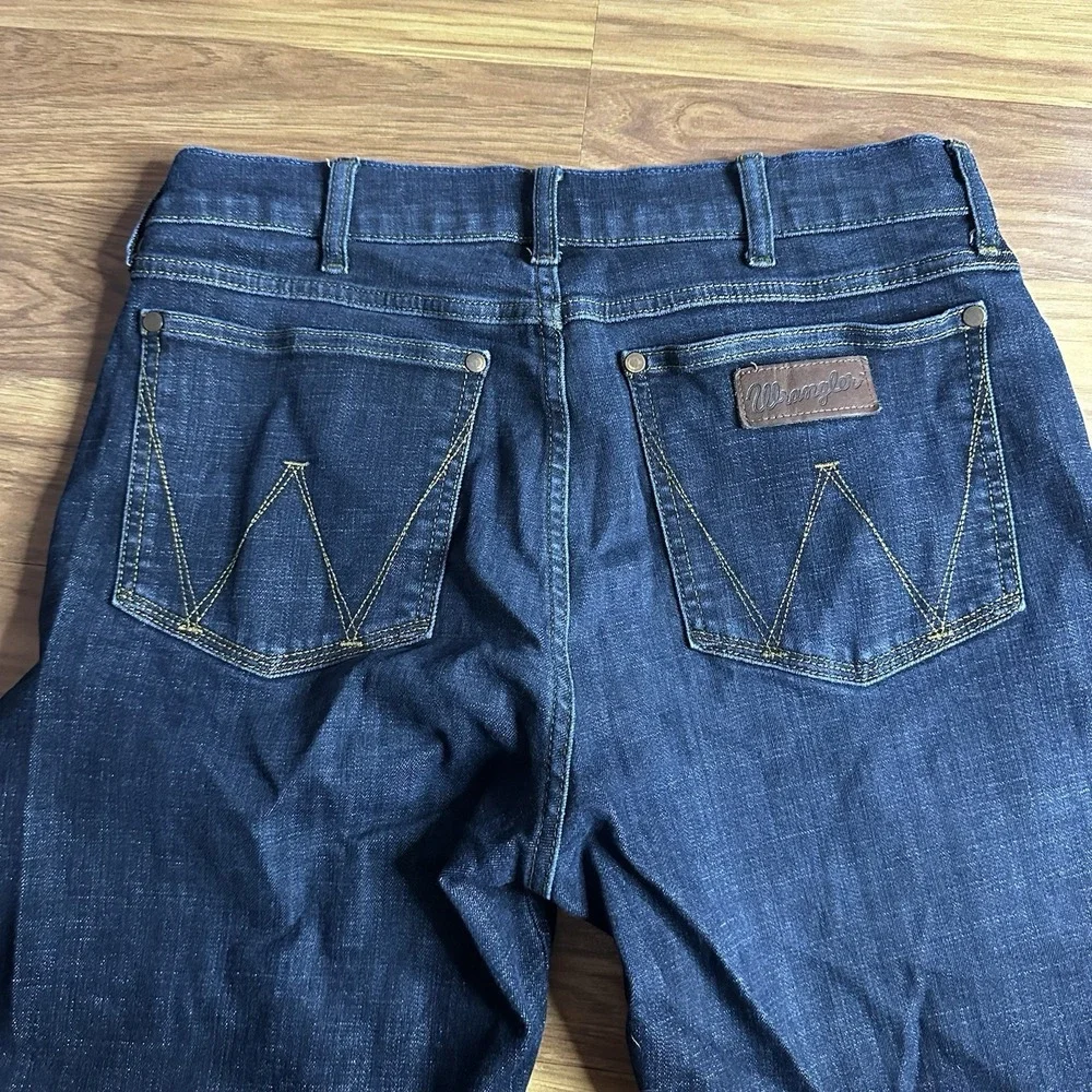 Wrangler Retro Jeans Mens 32x34 Dark Blue Denim Patch Slim Fit Bootcut 77MWZDX
